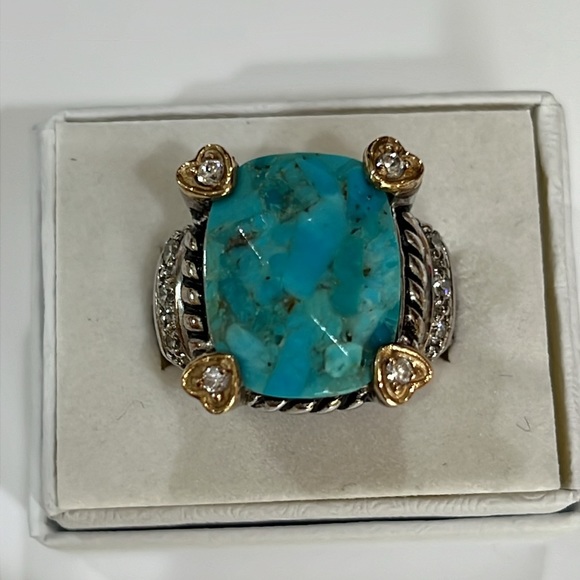 Lovely Checkerboard Faceted Turquoise Ring CZ Sterling Silver Ring Sz.7 - Picture 9 of 11